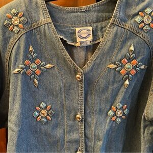 Vintage 90s Denim Shirt Jacket W BINGO! BINGO! Petite 16P  Jeweled Western USA
